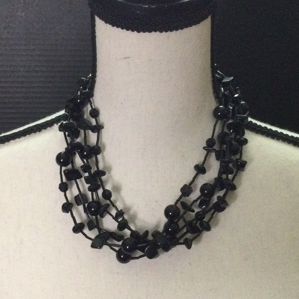 Black Five Strand Tiered Multi Shape Stone Necklace with Adjustable Clasp